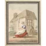 Französisch: um 1800. Junge Frau beim Flachsspinnenum 1800. Junge Frau vor einem Haus beim