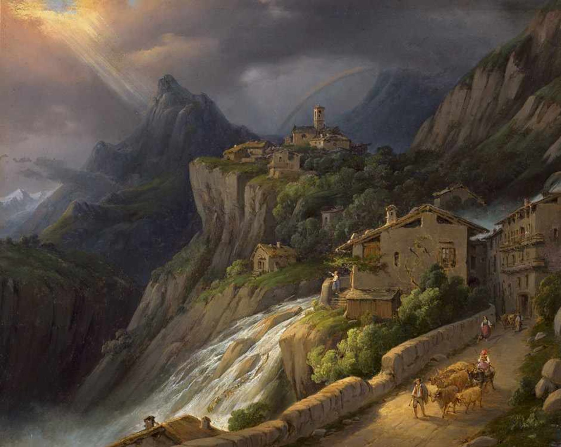 Deutsch: um 1830. Heroische Landschaft mit Regenbogenum 1830. Heroische Landschaft mit Regenbogen.Öl