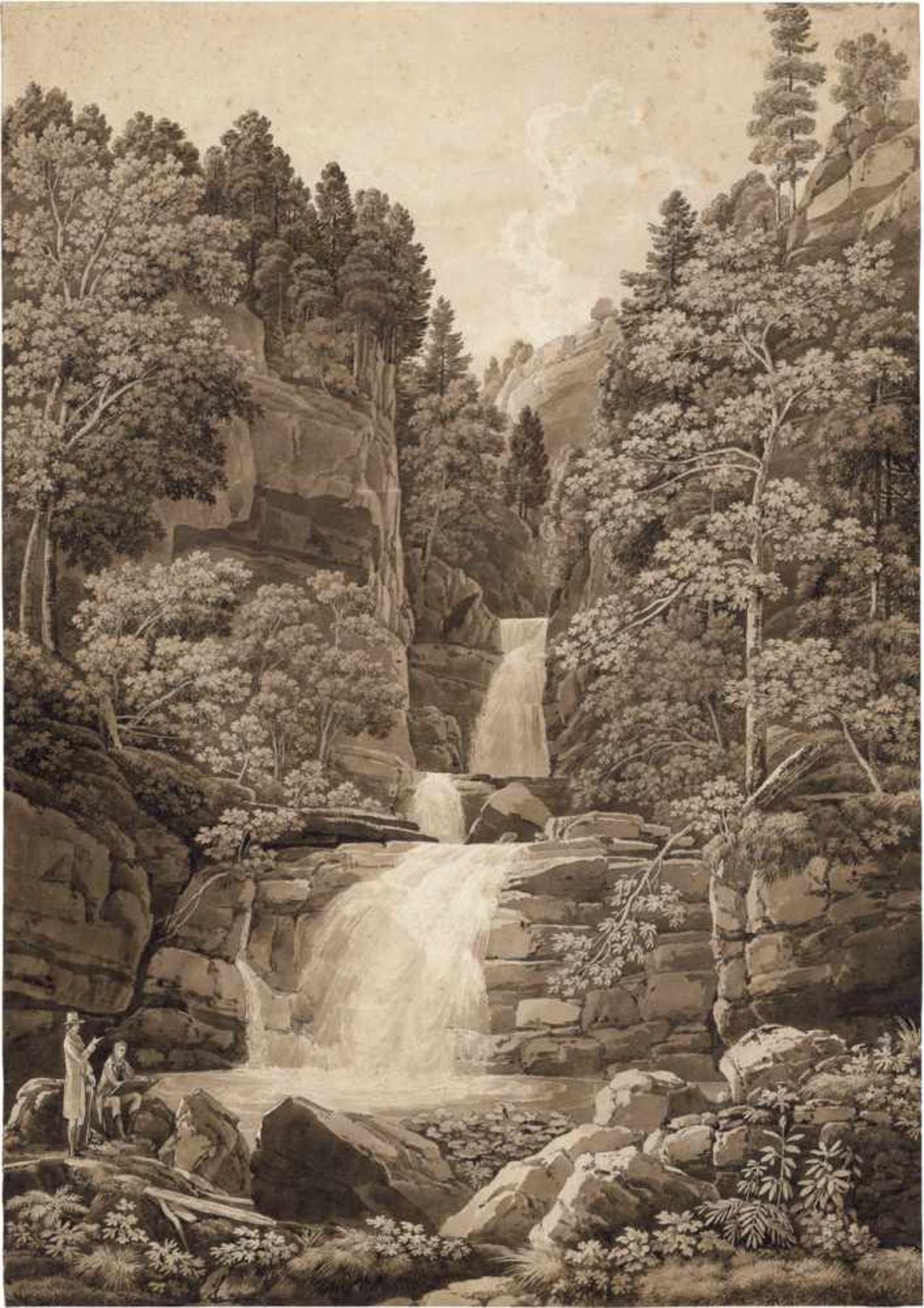 Salathé, Friedrich: Zeichner an einem Wasserfall in bewaldeter Felslandschaft[^] Zeichner an einem