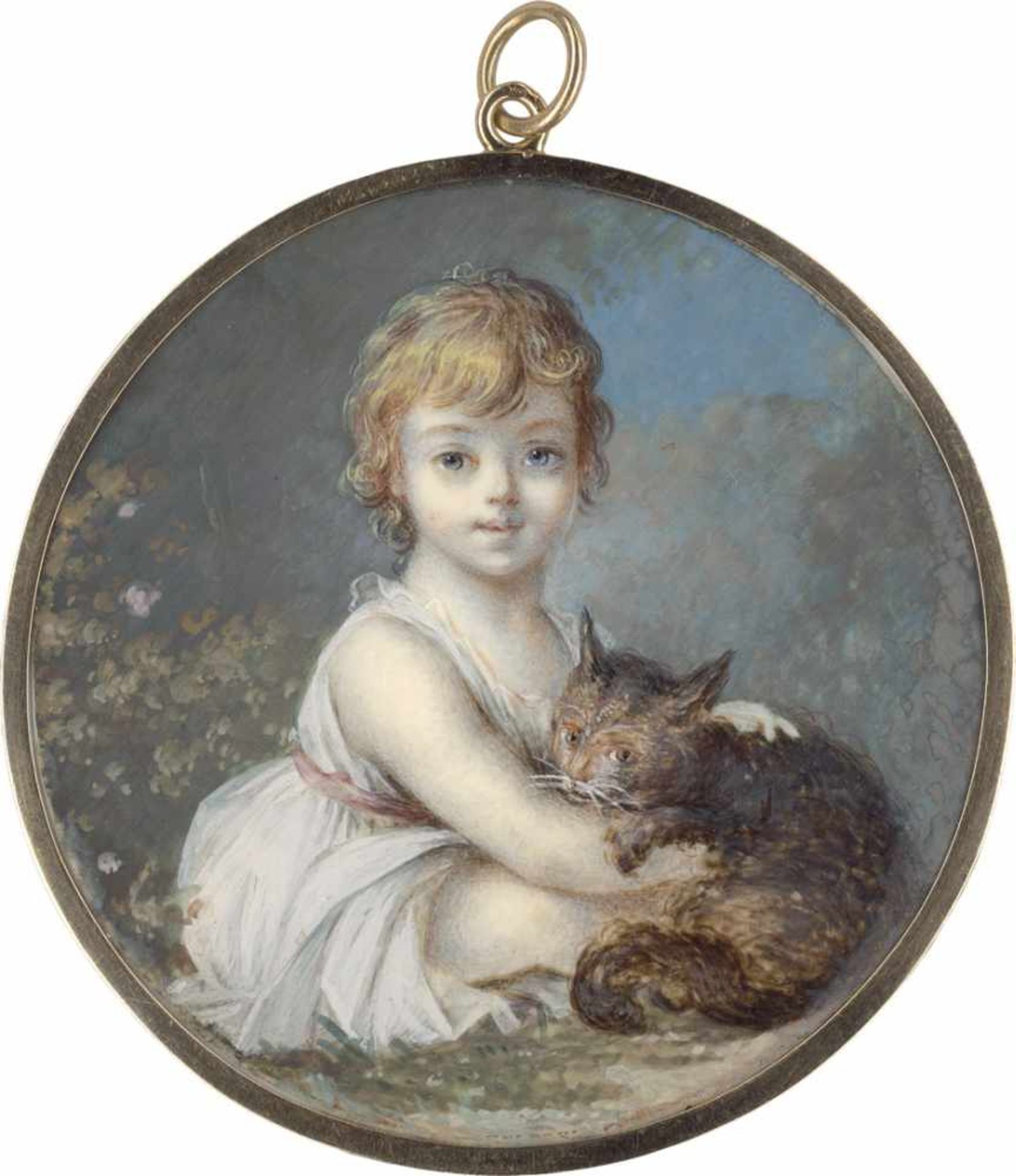 Russisch: um 1795/1800. Bildnis einer braunen Katze in den Armen eines sitzenden Kindesum 1795/1800.