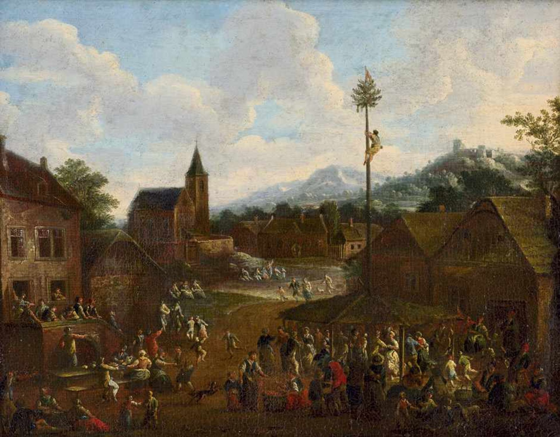 Deutsch: um 1700. Dorffest mit der Besteigung des Maibaumesum 1700. Dorffest mit der Besteigung