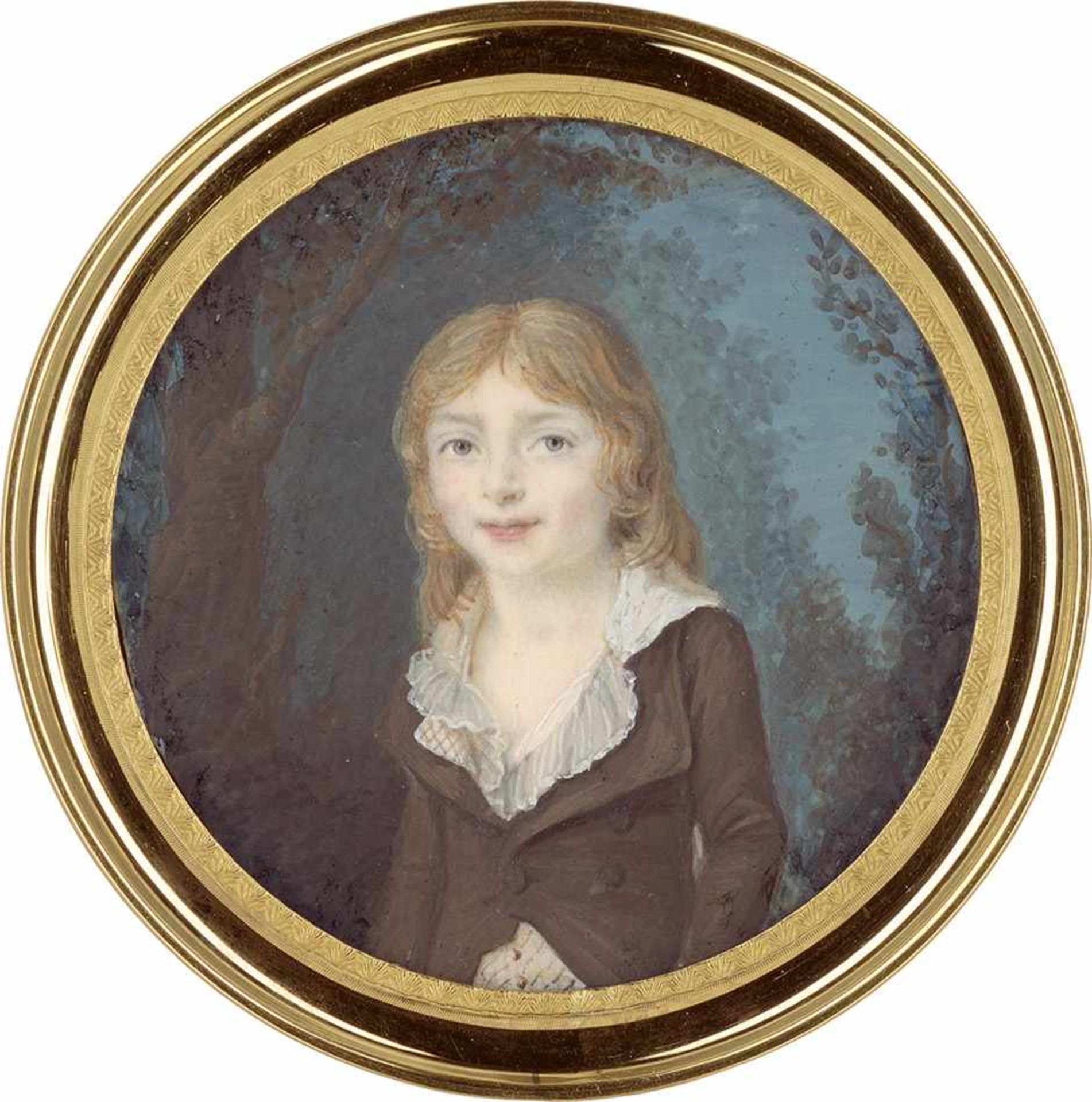 Französisch: um 1790/1795. Bildnis eines kleinen Jungen mit langem blonden Haar, in brauner