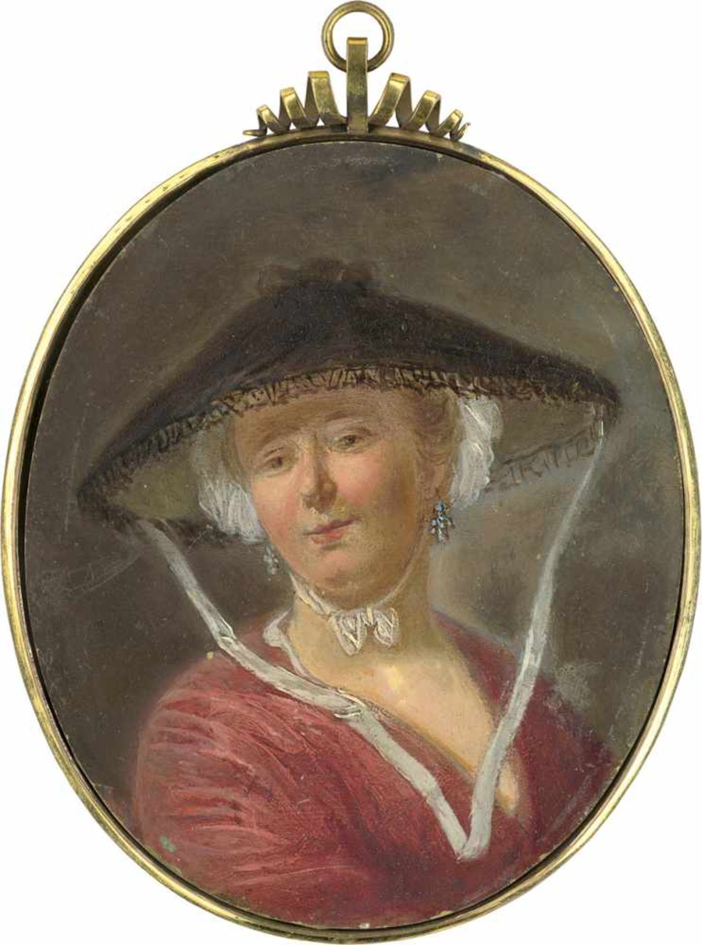 Englisch: um 1770. Bildnis einer Dame mit dunklem Sonnenhutum 1770. Bildnis einer Dame mit dunklem