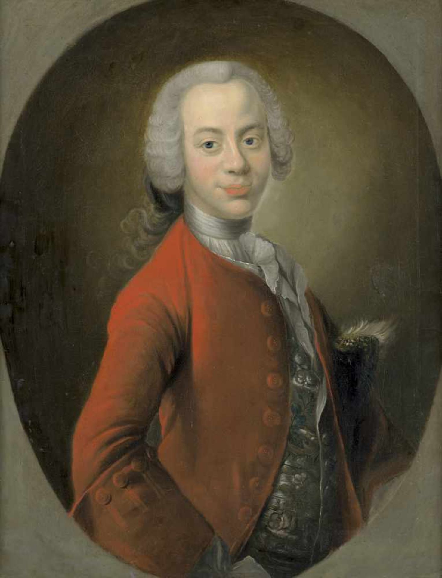 Deutsch: um 1730. Bildnis eines Edelmanns im roten Mantel mit Jabot und bestickter Westeum 1730.