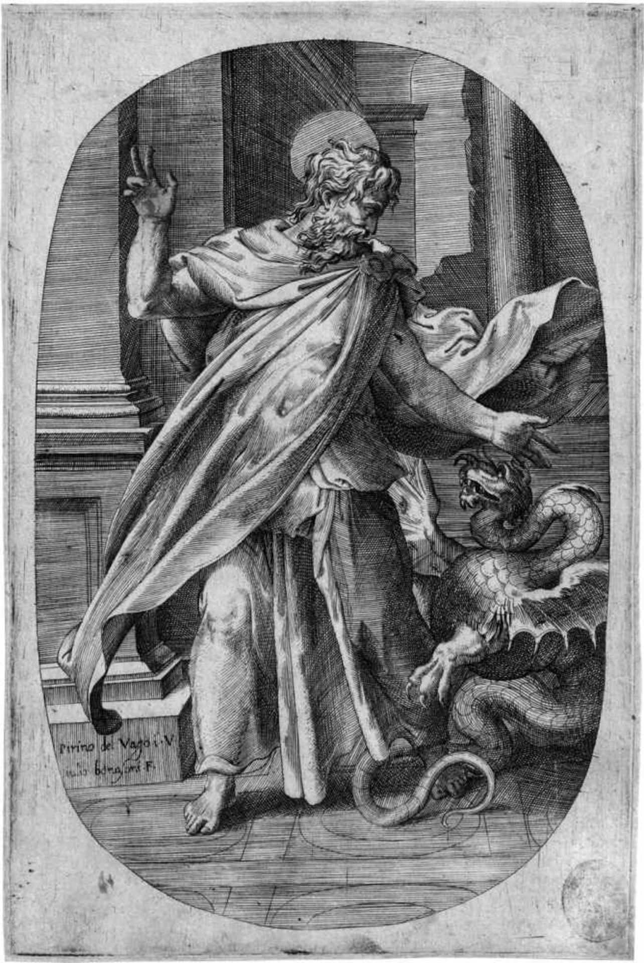 Bonasone, Giulio: Der hl. Philipppus und der DracheDer hl. Philippus und der Drache. Kupferstich