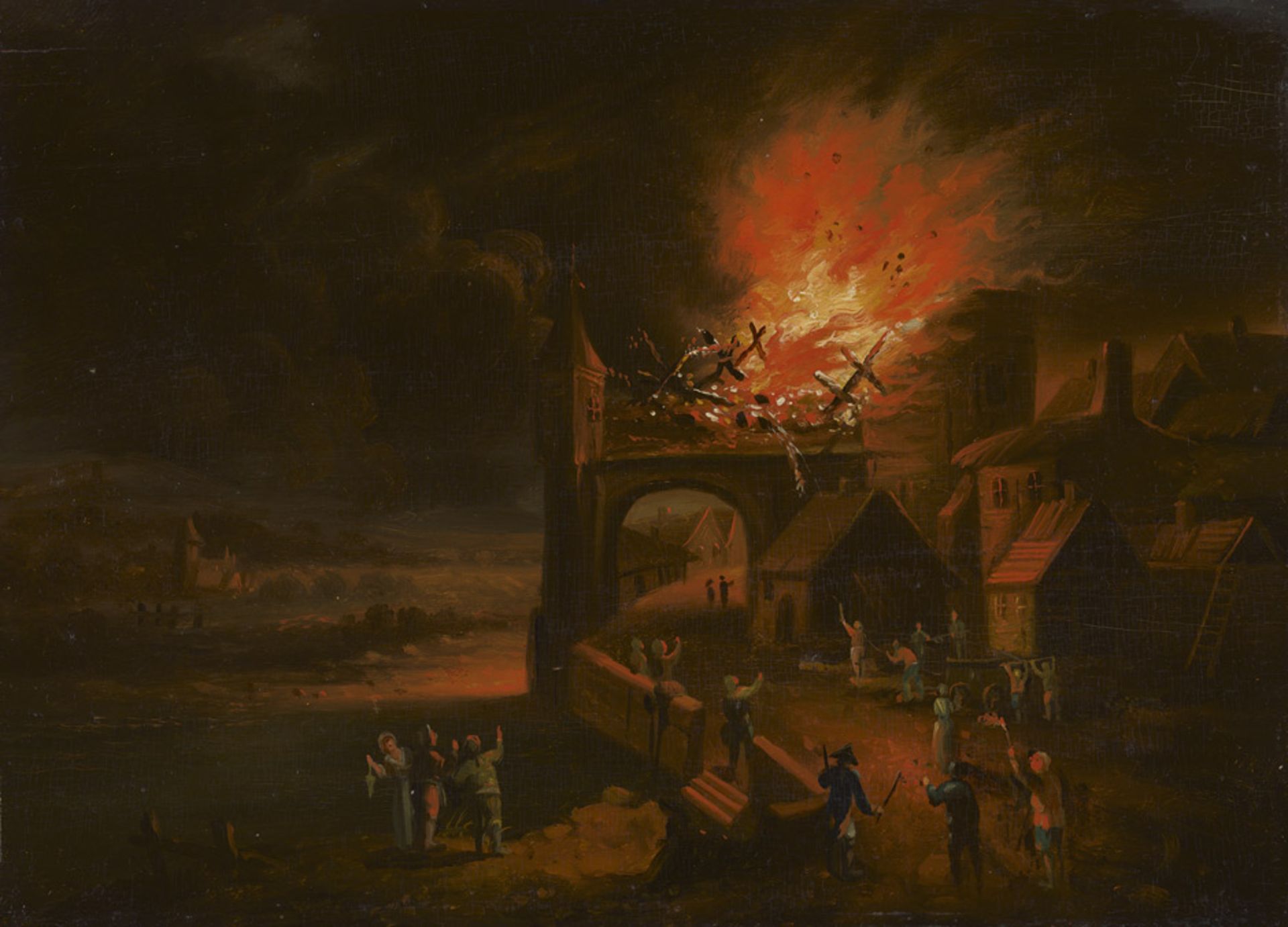 Trautmann, Johann Georg: Der Brand des Tores von BergenDer Brand des Tores von Bergen. Öl auf