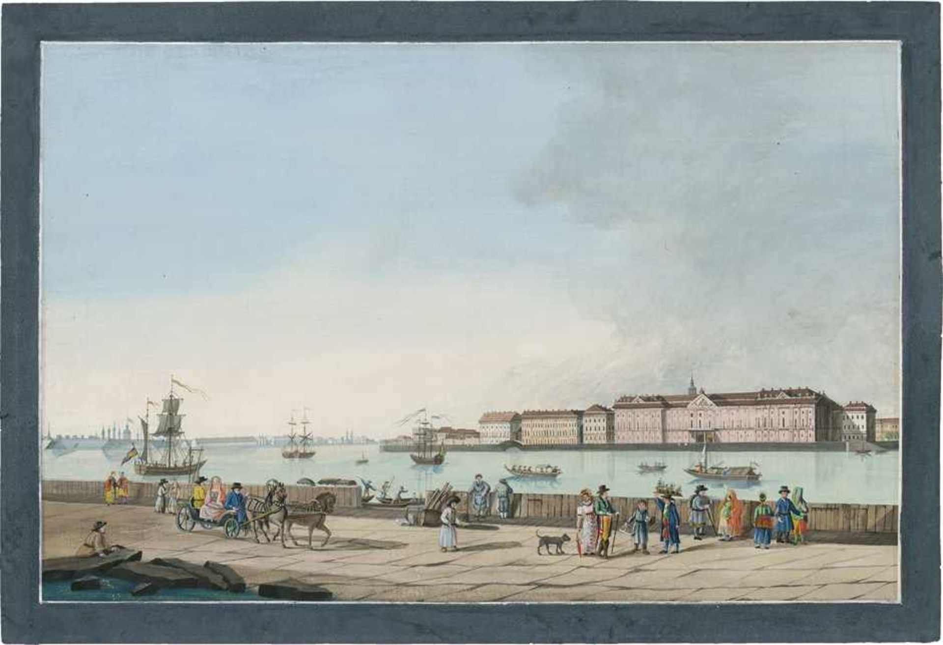 Deutsch: um 1830. St. Petersburg: Blick über die Große Newa auf den Eremitage-Komplex mit dem