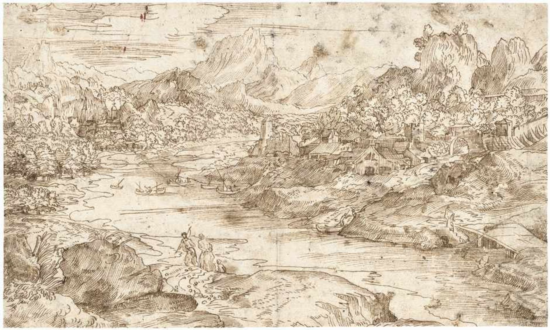 Campagnola, Domenico - zugeschrieben: Weite Flusslandschaft mit Pilgern im Vordergrund[^]