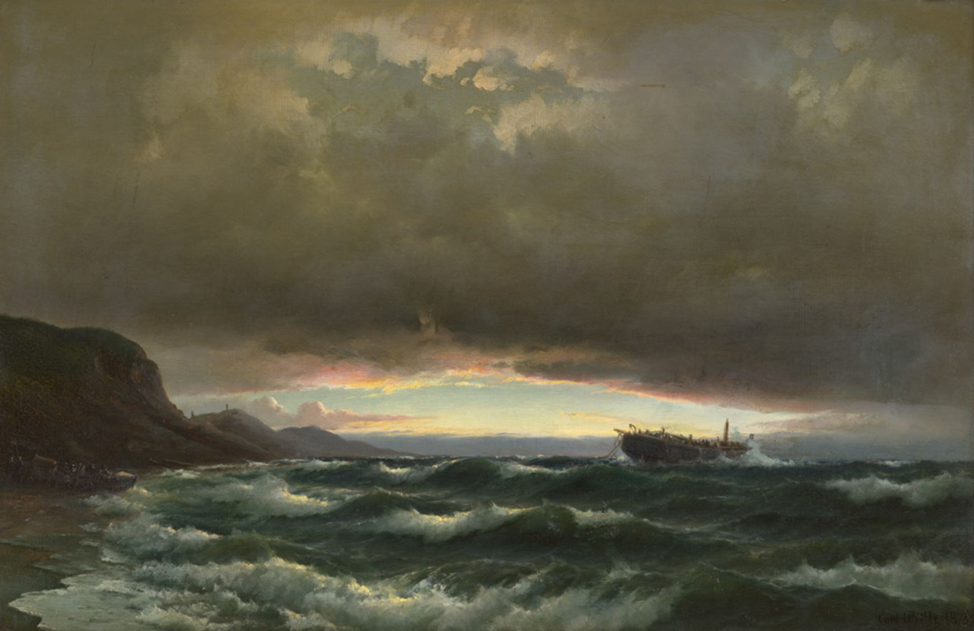 Bille, Carl Ludvig: Bergung eines Schifsfwracks am Strand bei stürmischer SeeBergung eines