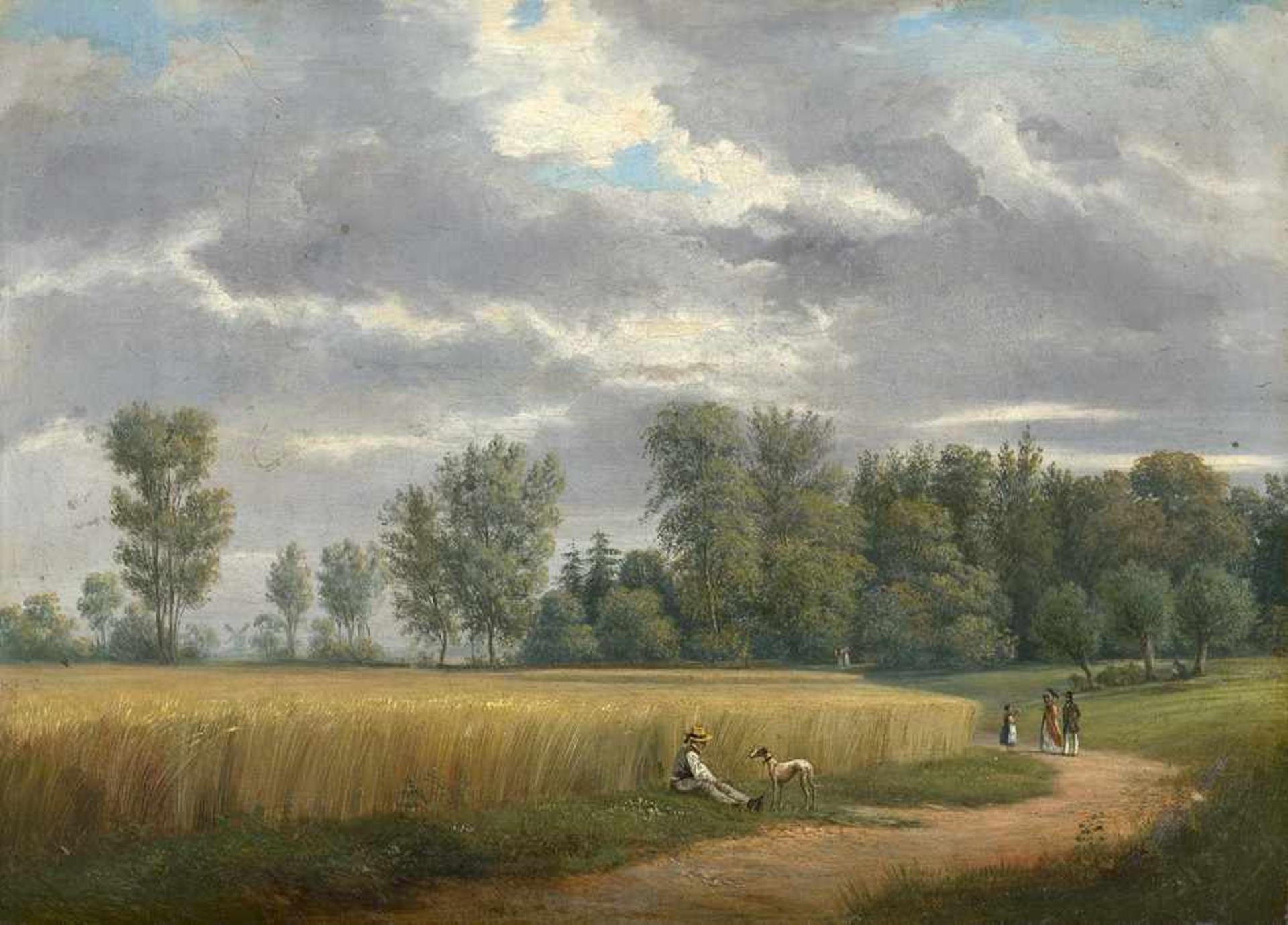 Deutsch: Um 1840. Sommerlicher Landschaft mit Spaziergängern bei einem Weizenfeldum 1840.