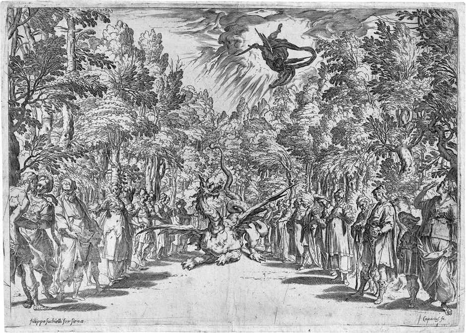 Carracci, Agostino: Apollo und der DracheApollo und der Drache. Kupferstich. 24,7 x 34,6 cm. Um