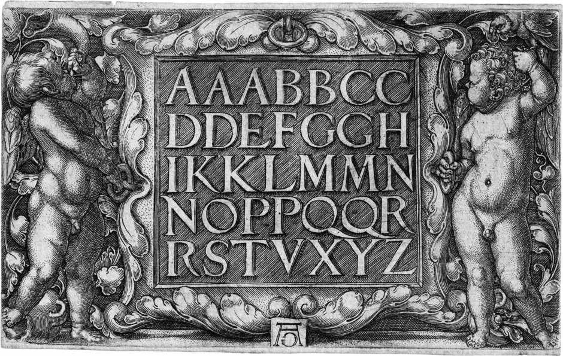 Aldegrever, Heinrich: Ornamentales Paneel mit dem lateinischen Alphabet von zwei Putten