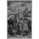 Dürer, Albrecht: Maria mit der Meerkatze[^] Maria mit der Meerkatze. Kupferstich. 18,8 x 12,1 cm. Um
