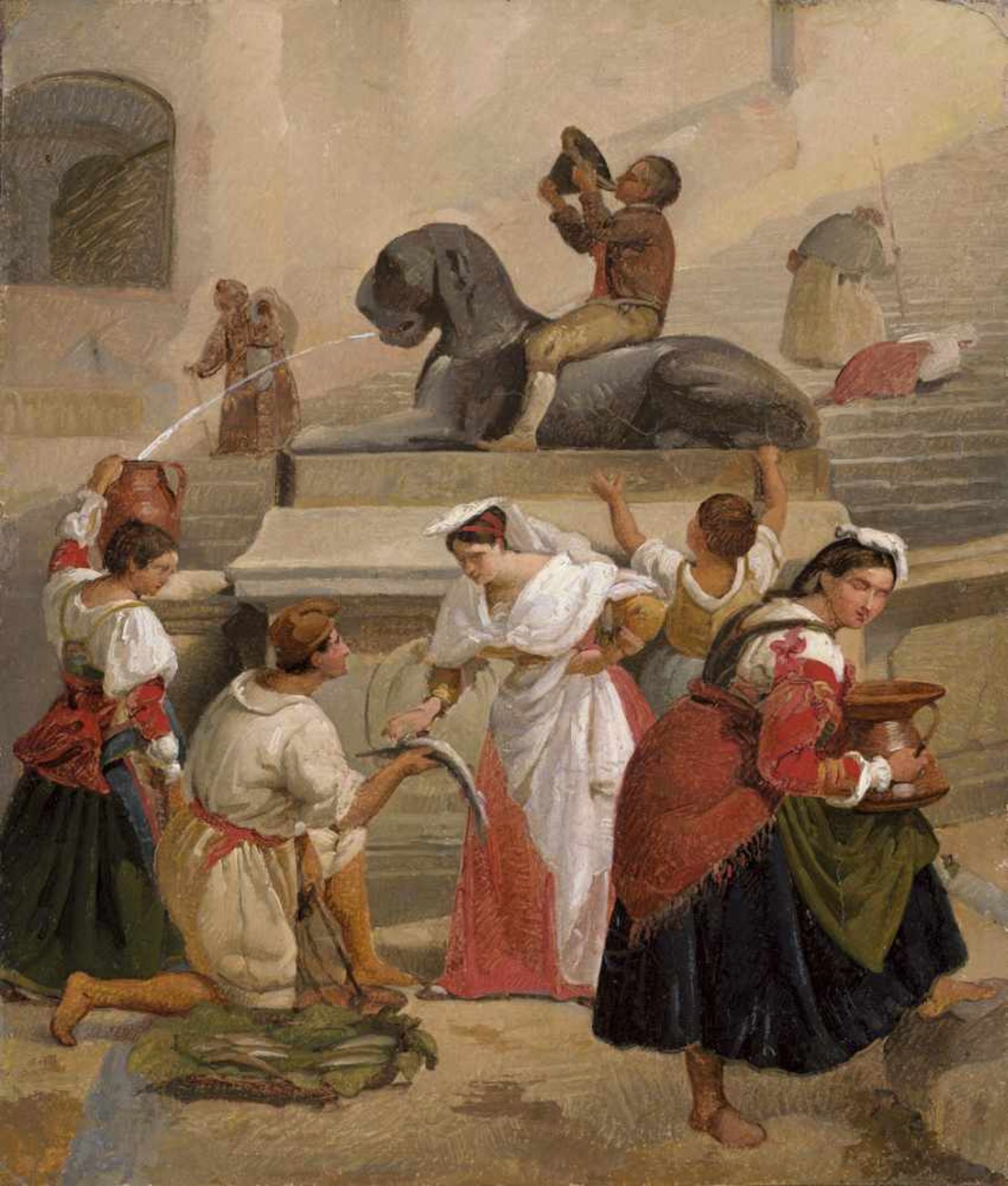 Dänisch: um 1820. Geschäftiges Treiben an den Stufen zur Kicrhe Santa Maria in Aracoeli in Romum