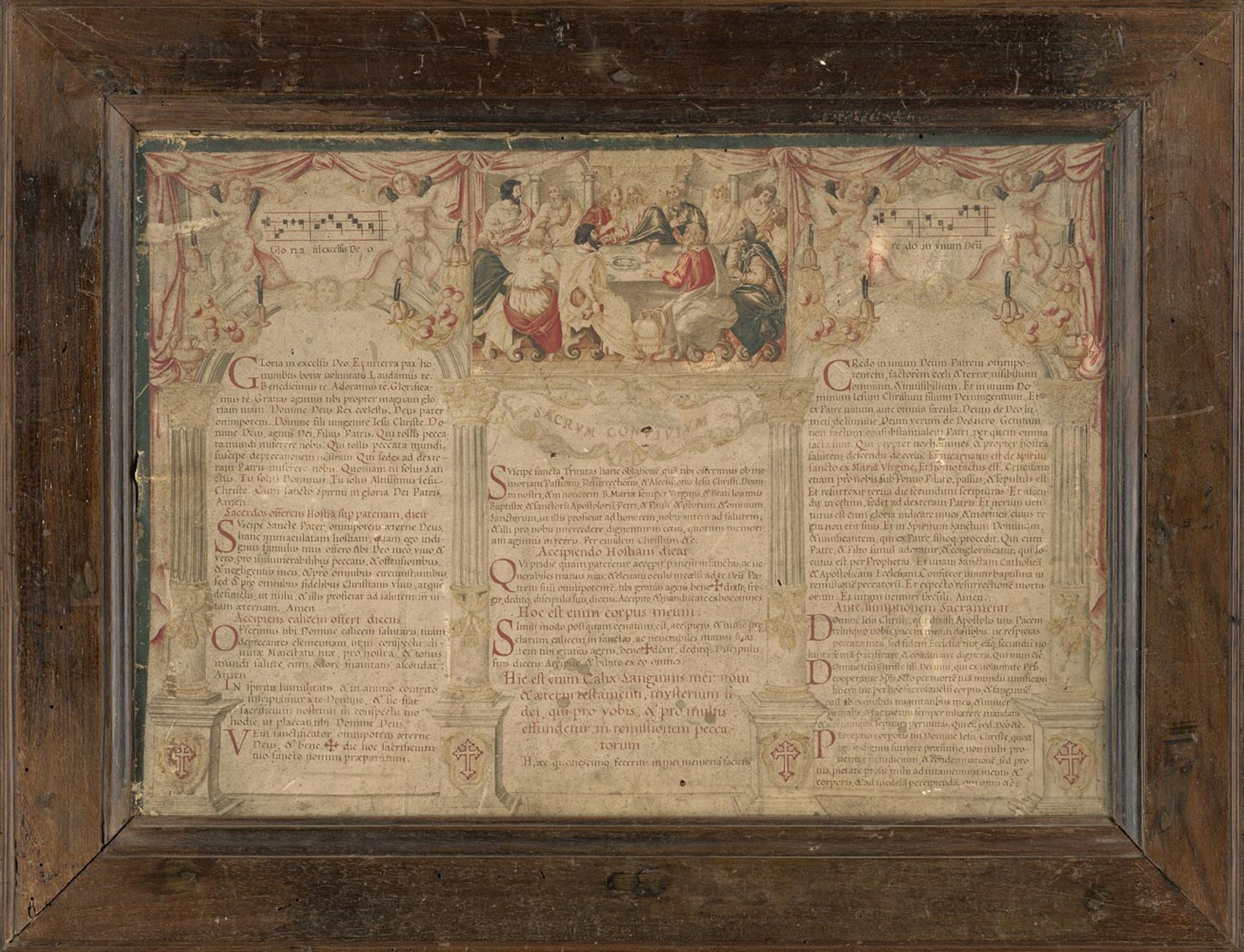 Sacrum Convivium: (Heiliges Gastmahl). Barockes Pergamentbild mit Text und Miniatur