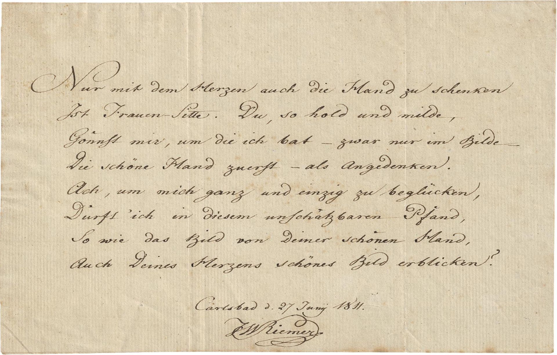 Riemer, Friedrich Wilhelm: Signiertes Gedichtmanuskript