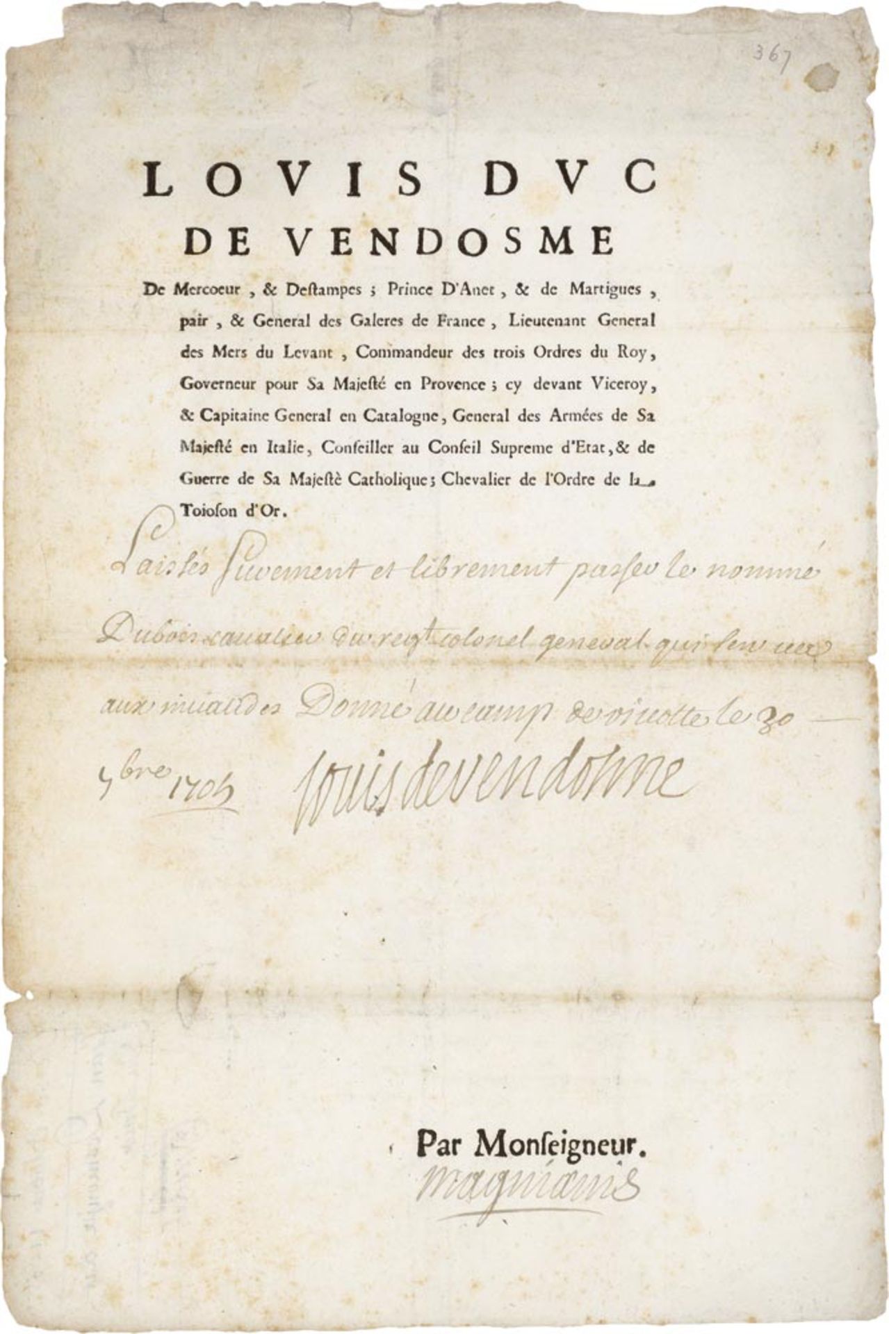 Vendome, Louis-Joseph Herzog von: Signiertes Schriftstück 1705