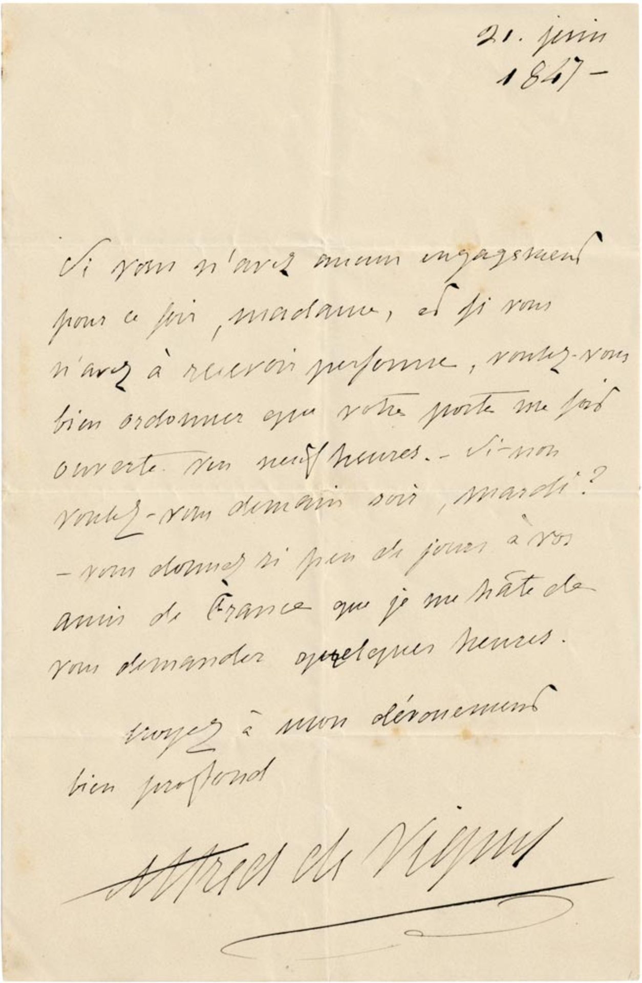 Vigny, Alfred de: Brief 1847