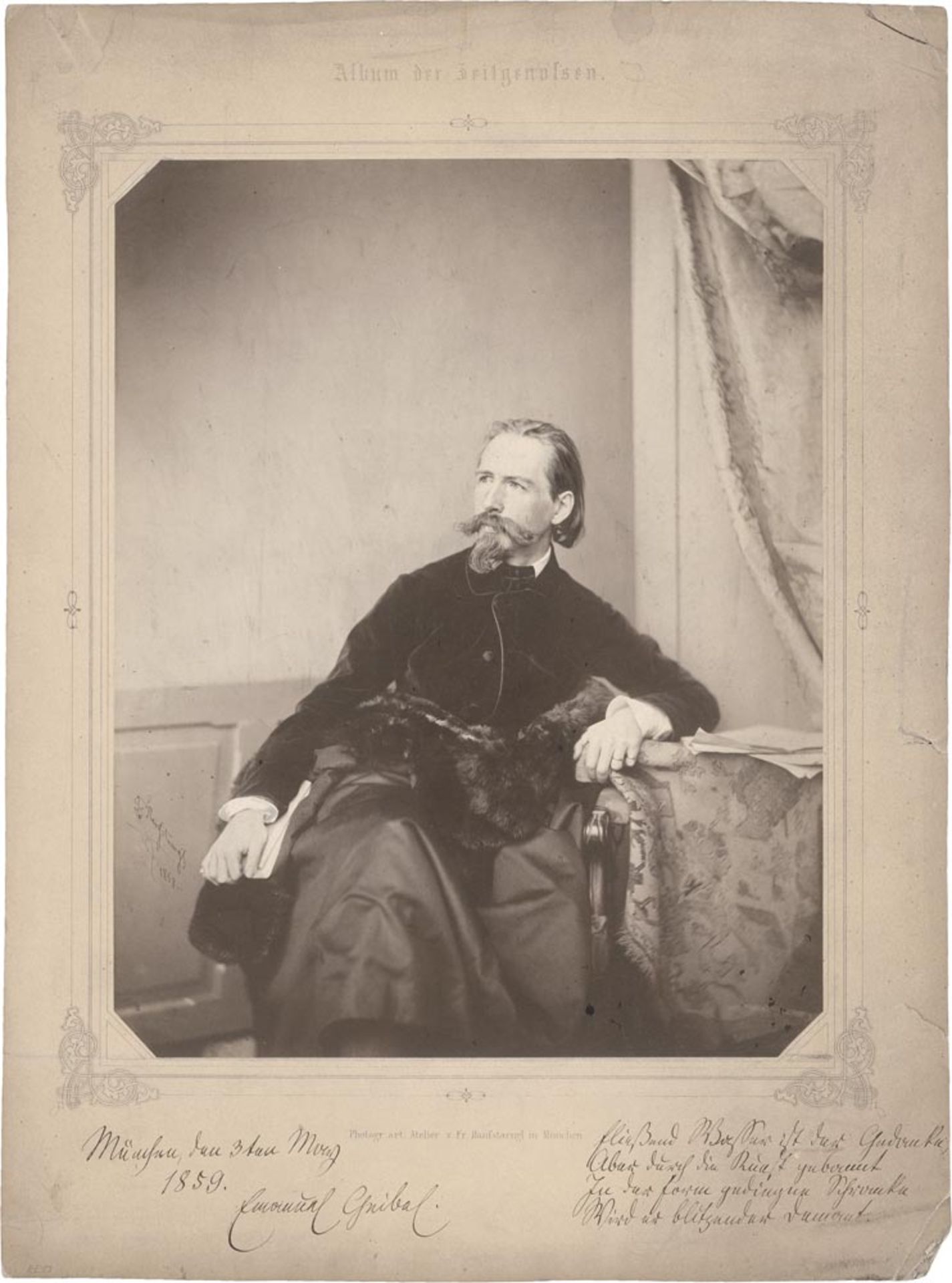 Geibel, Emanuel von: Porträt-Photographie 1859 mit Gedicht und Signatur