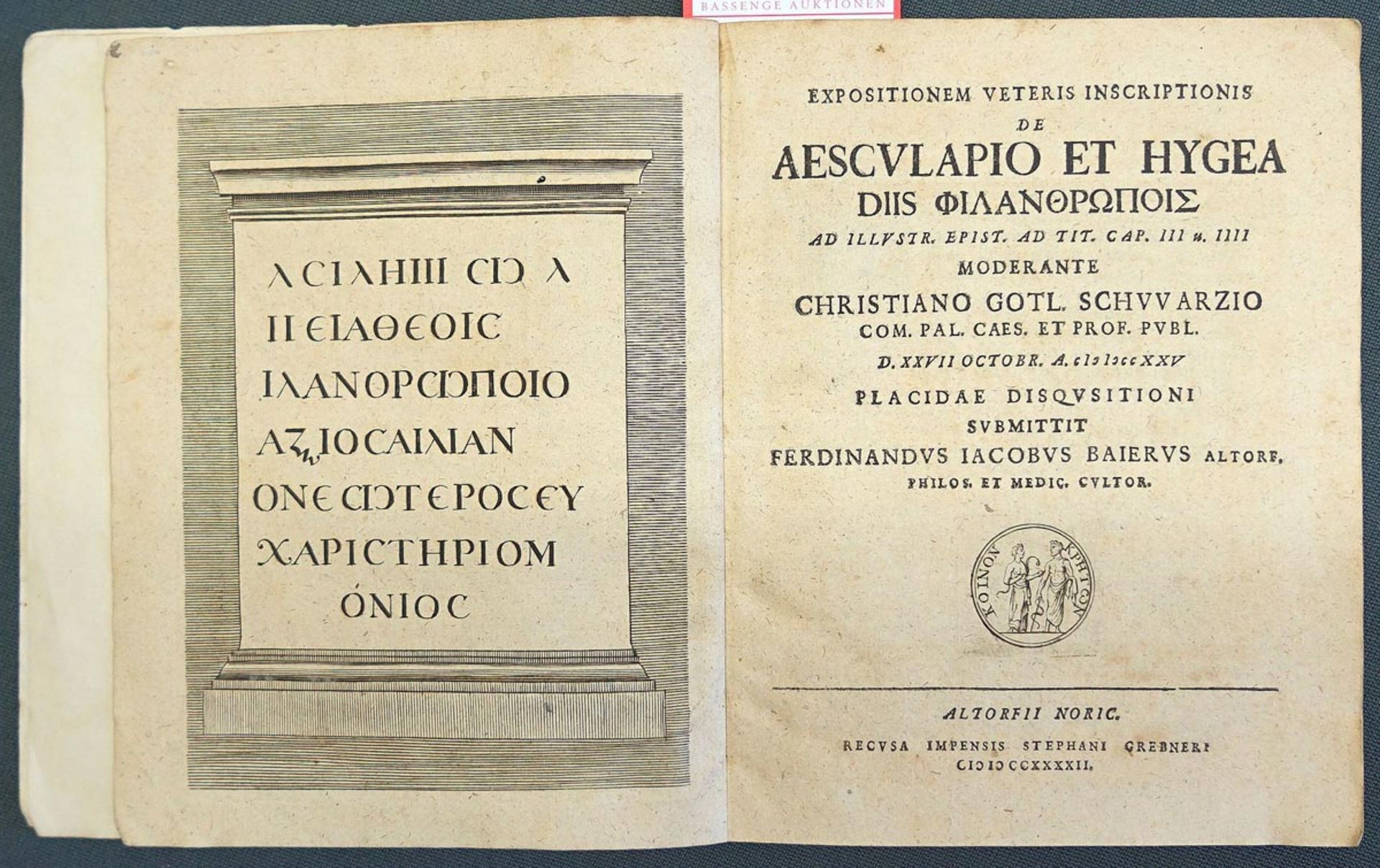 Schwarz, Christian Gottlieb: Expositionem veteris inscriptionis de Aesculapio et Hygea