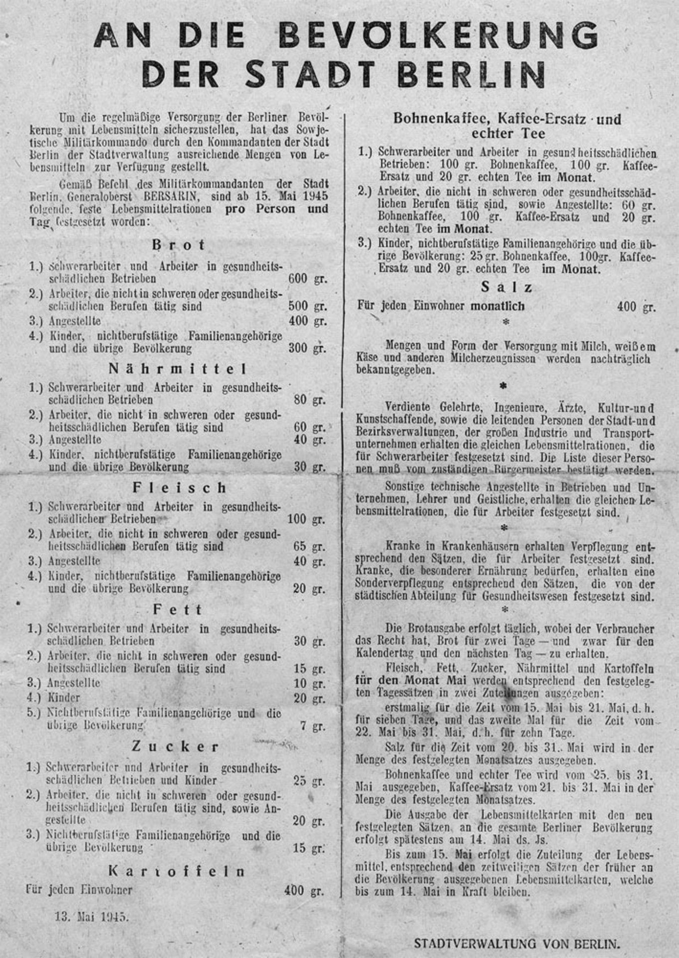 An die Bevölkerung: der Stadt Berlin. Bekanntmachung vom 13. Mai 1945