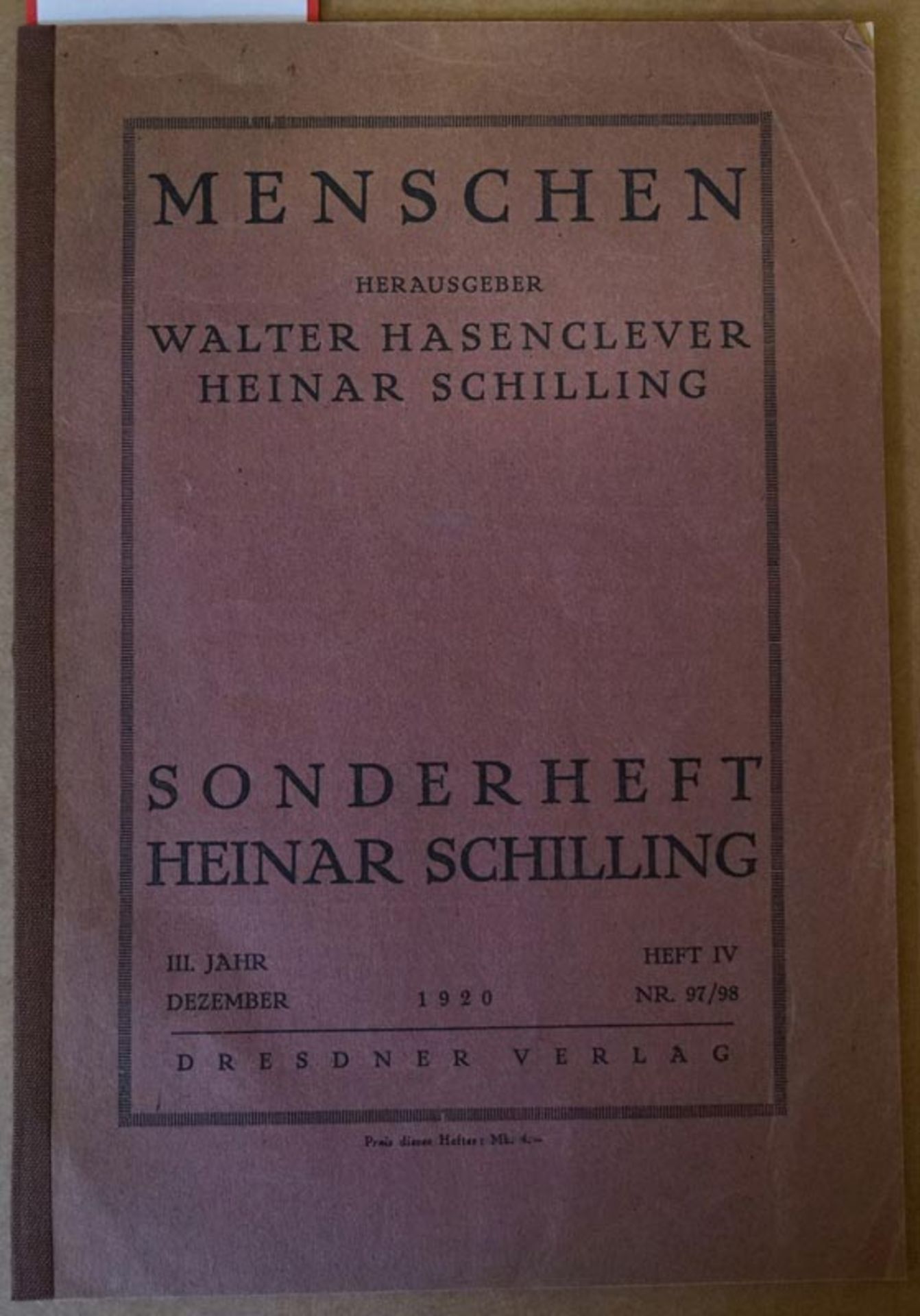 Menschen und Schilling, Heinar: Sonderheft Heinar Schilling, III, Heft IV, Nr. 97/98