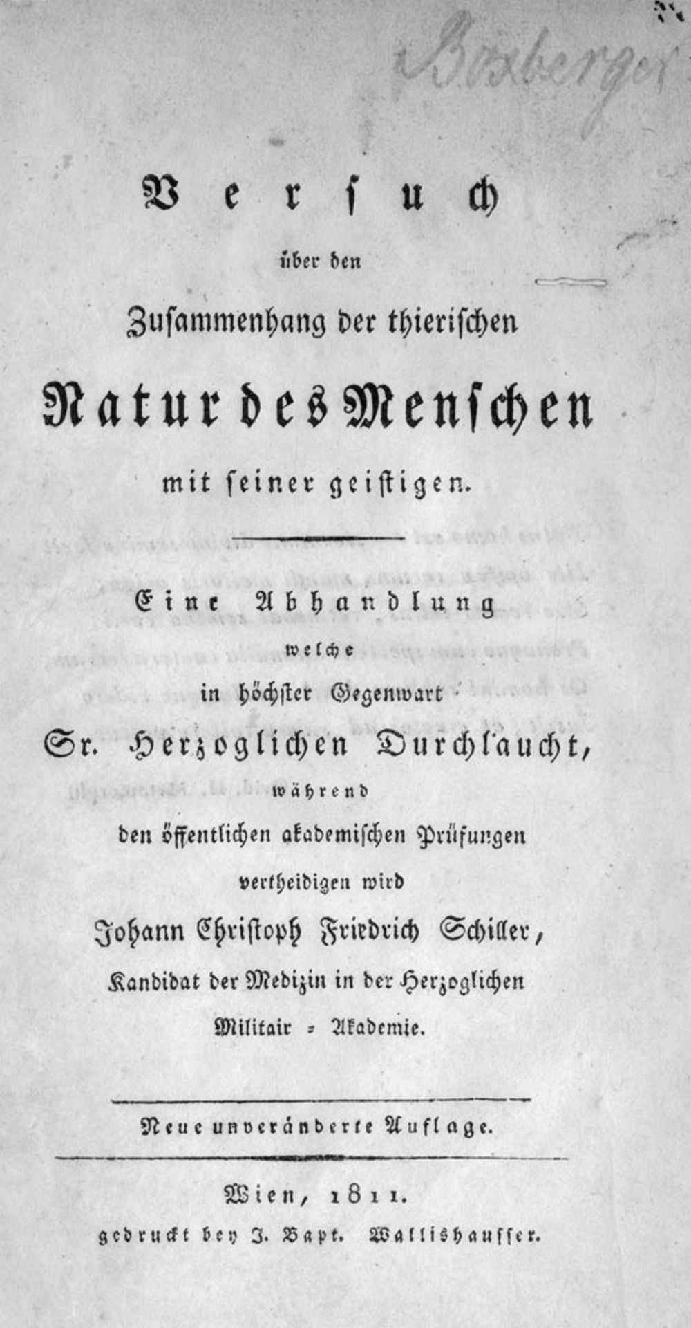 Schiller, Friedrich: Versuch über die Zusammensetzung der thierischen Natur des Menschen