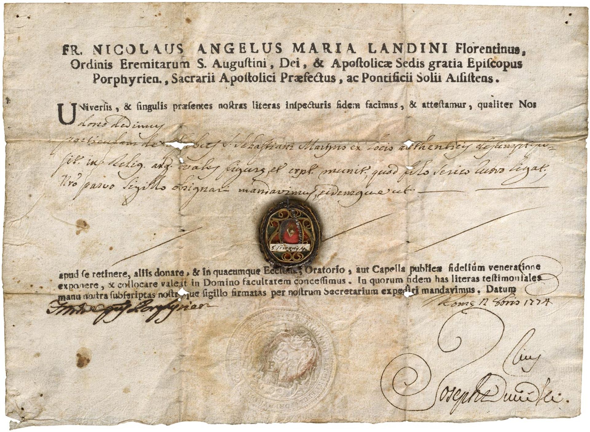 Landini, Nicolaus Angelus Maria: Reliquienzertifikat mit eigenhändiger Unterschrift und