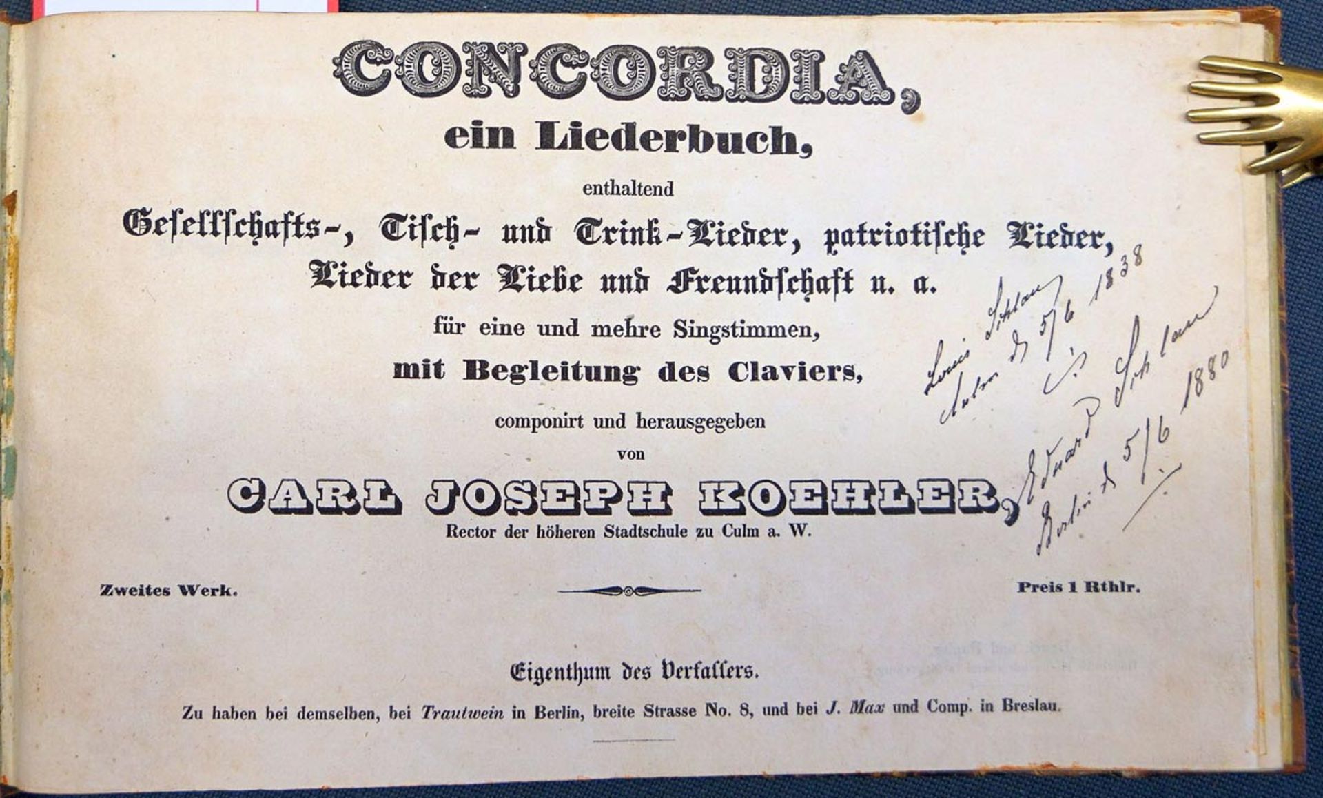 Koehler, Carl Joseph: Concordia, ein Liederbuch, enthaltend Gesellschafts-, Tisch- und Trink-Lieder,