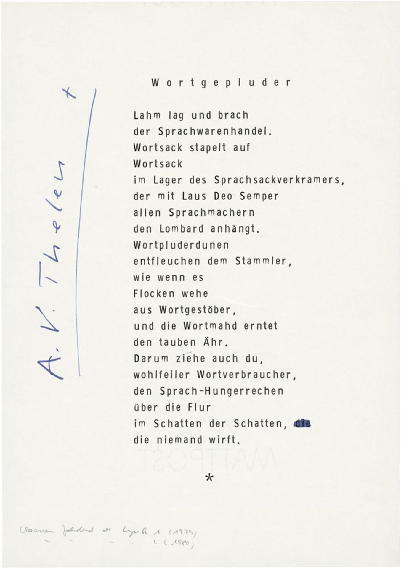 Thelen, Albert Vigoleis: 5 signierte Gedicht-Typoskripte