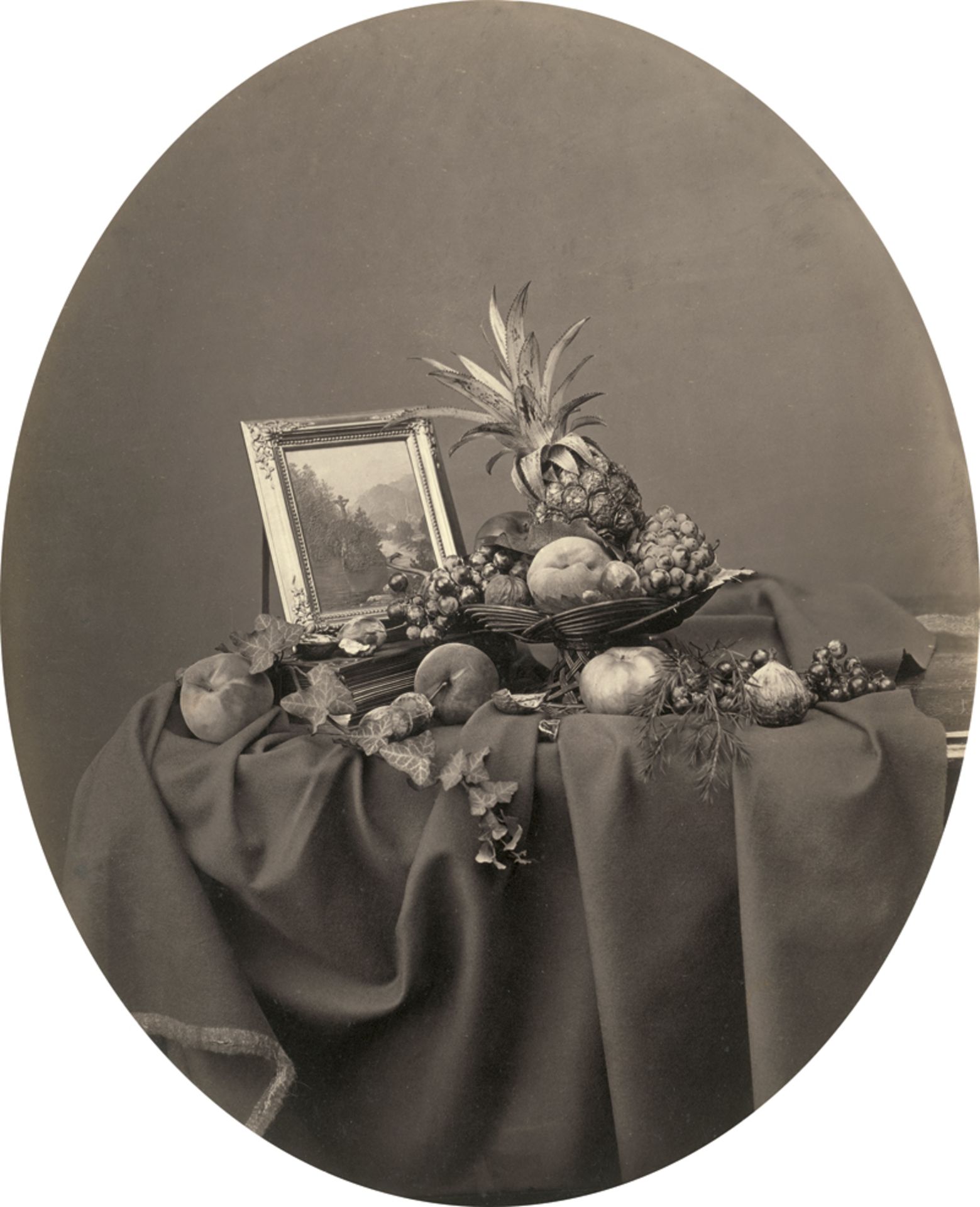 Küss, Ferdinand: Still life with pineapple, peaches, grapes, apples, a fig, a plum, a walnut and