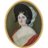 Caruson, S. (wohl Stefano): Miniatur Portrait einer jungen Frau mit schwarzem Hut und rotem Schal