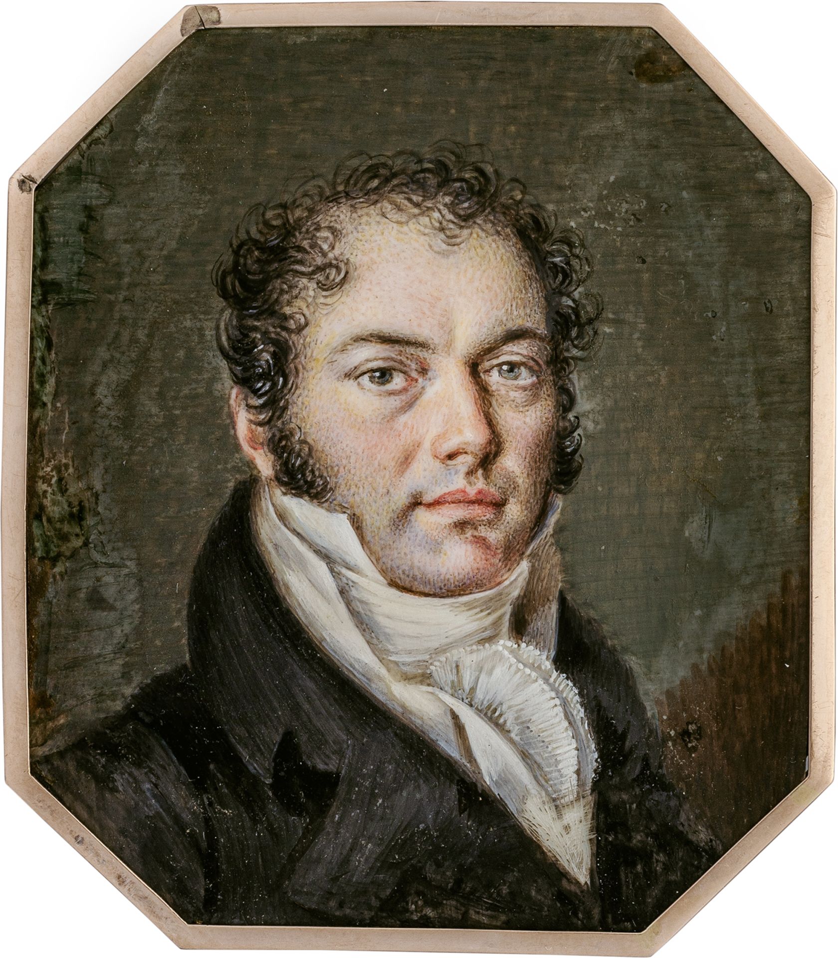 Russisch: um 1820. Miniatur Portrait eines jungen Mannes in dunkelgrauer Jacke über weißer West