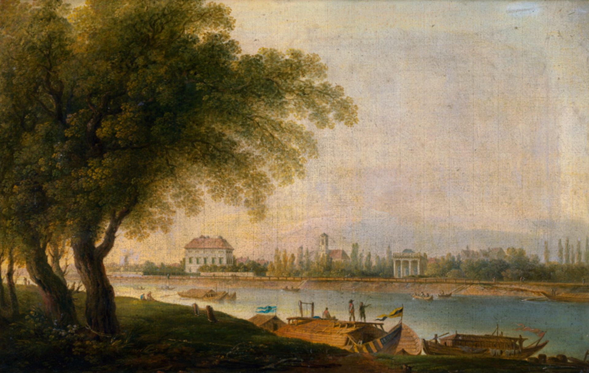 Englisch: um 1810. Landschaft mit Flussschiffen vor einer kleinen Stadt - Bild 2 aus 4