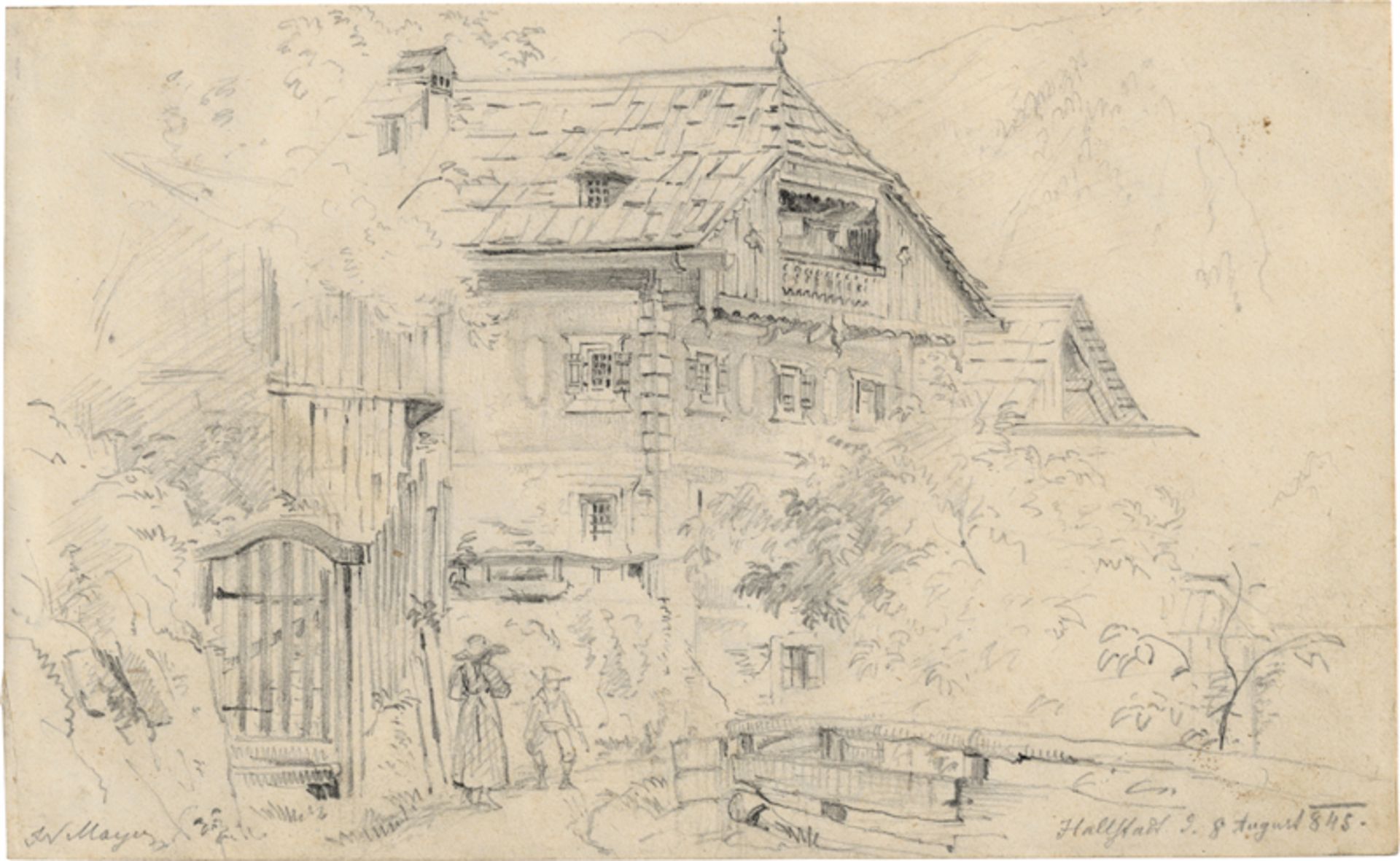 Mayer, Johann Nepomuk: Bauernhaus mit Holzstadel in Hallstatt