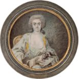 Französisch: um 1780/1785. Miniatur Portrait einer jungen Frau in weißem Kleid, einen King Char