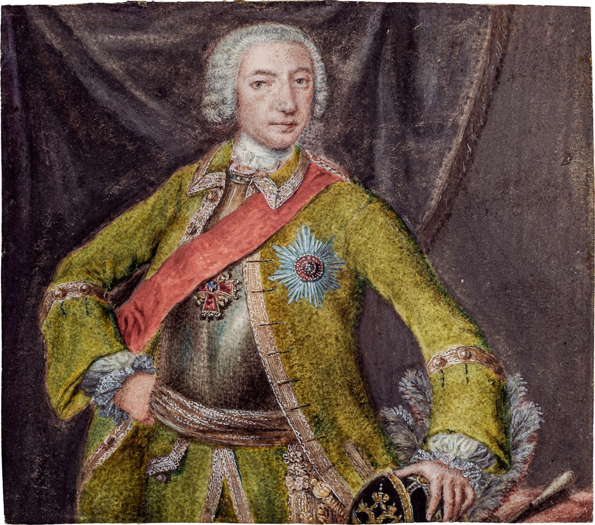 Russisch: um 1740/1750. Miniatur Portrait eines russischen Offiziers in grüner Jacke mit St. Ann