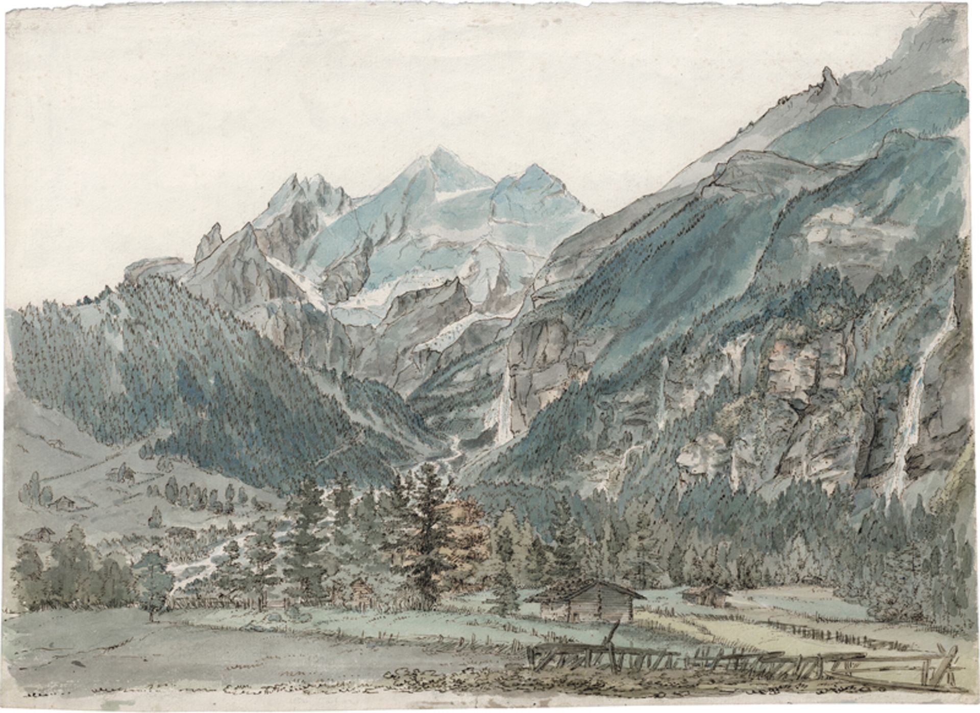 Loos, Friedrich - Umkreis: Alpenlandschaft mit Blick auf schneebedeckte Berggipfel