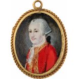 Englisch: um 1760. Miniatur Portrait eines jungen Mannes mit gepuderter Perücke, in goldgerände