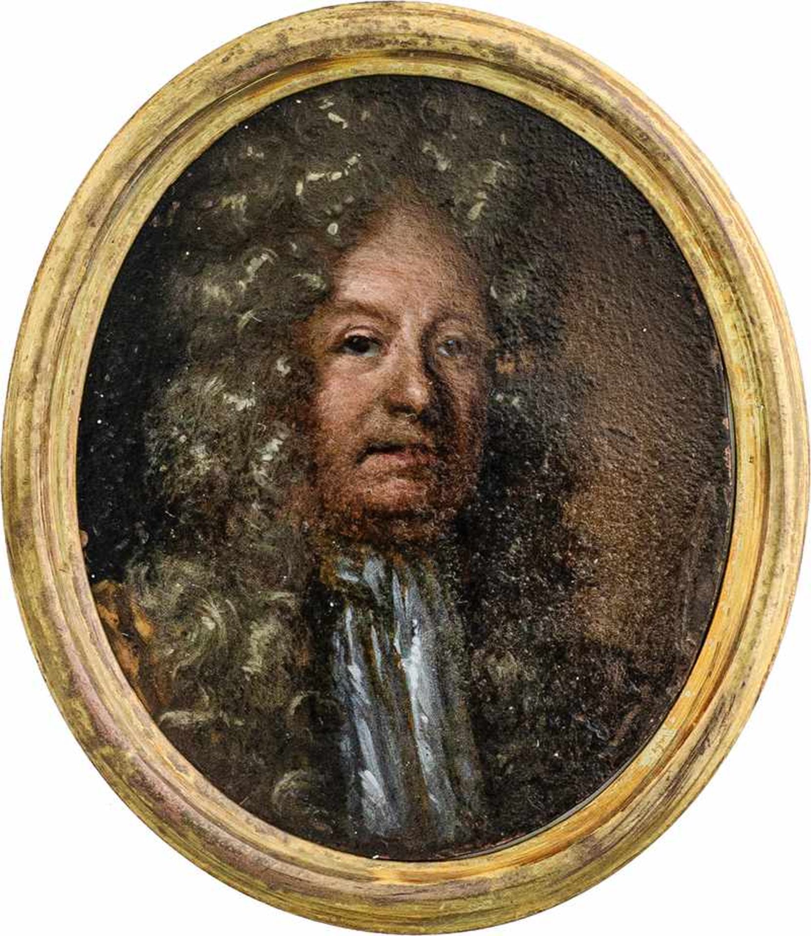 Deutsch: um 1690/1700. Miniatur Portrait eines Mannes mit Allongeperücke, in goldfarbigem Gewand