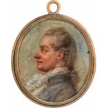 Deutsch: um 1770/1780. Miniatur Profil Portrait eines jungen Mannes in fliederfarbener Jacke, plu