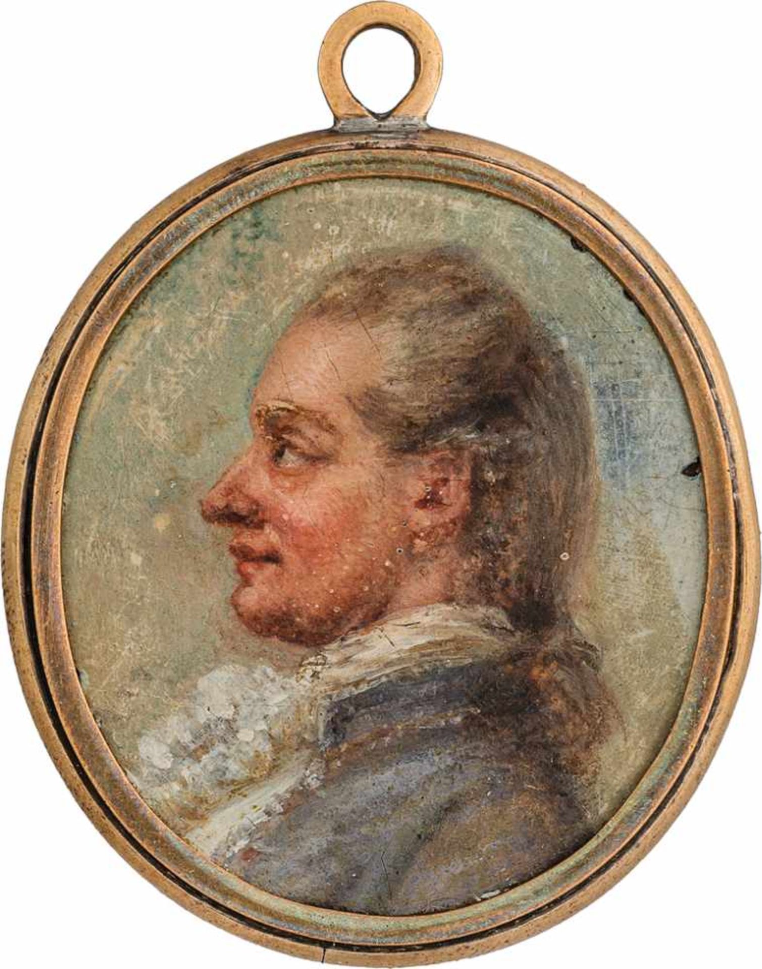 Deutsch: um 1770/1780. Miniatur Profil Portrait eines jungen Mannes in fliederfarbener Jacke, plu