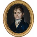 Deutsch: um 1810/1815. Miniatur Portrait eines jungen Mannes in blauer Jacke und gelber Weste