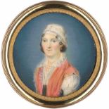 Deutsch: um 1815. Miniatur Portrait einer Frau mit orangem Schal und weißer Spitzenhaube und Gol