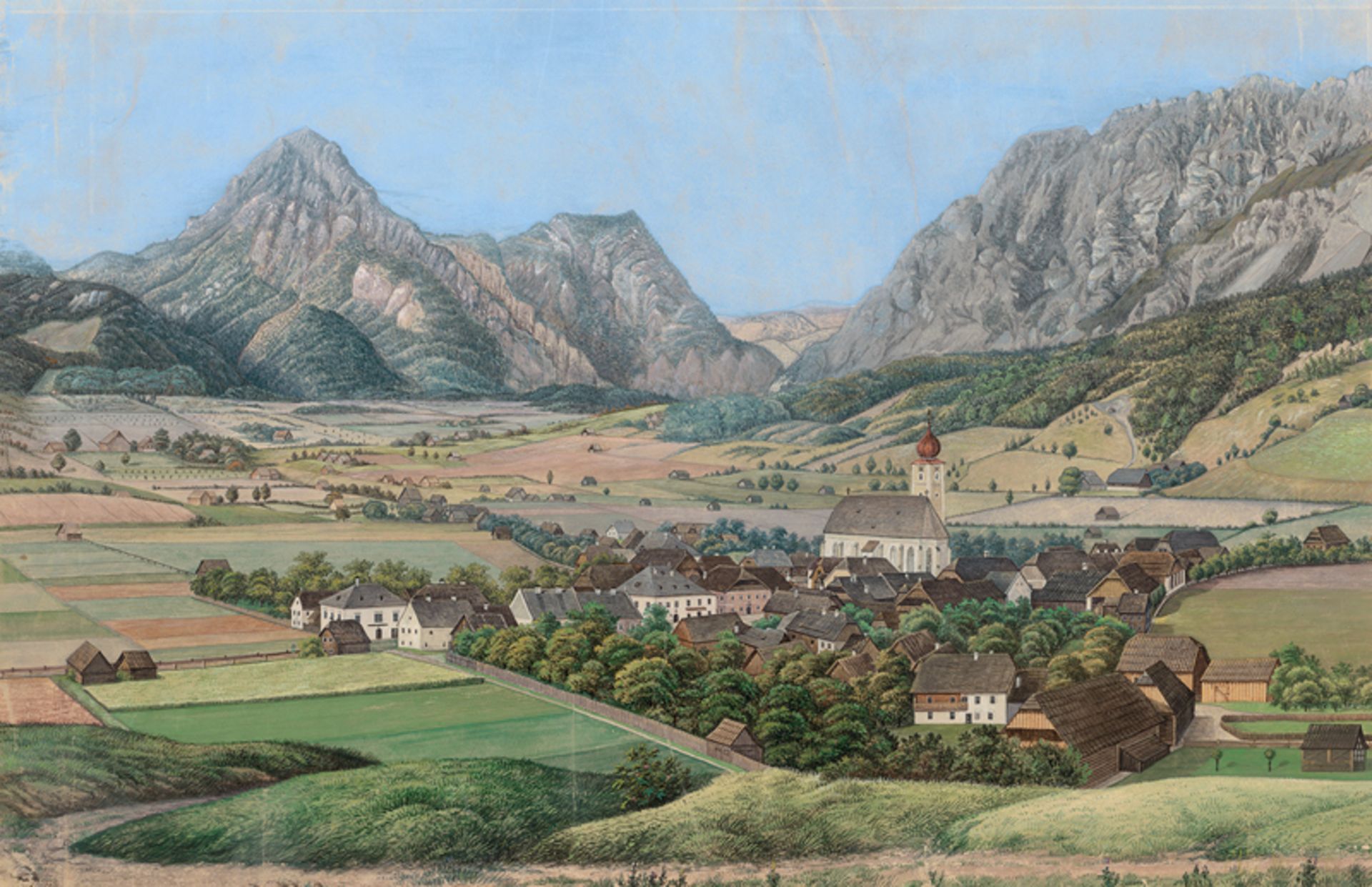 Österreichisch: 1840. Blick auf ein Dorf in Kärnten oder in der Steiermark