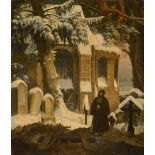 Deutsch: 19. Jh. Mönch bei einer Abtei im Schnee