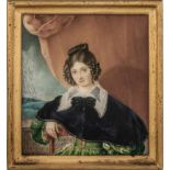 Kontinentaleuropäisch: um 1830/1835. Miniatur Portrait einer jungen Frau in grünem Kleid mit sc