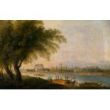 Englisch: um 1810. Landschaft mit Flussschiffen vor einer kleinen Stadt