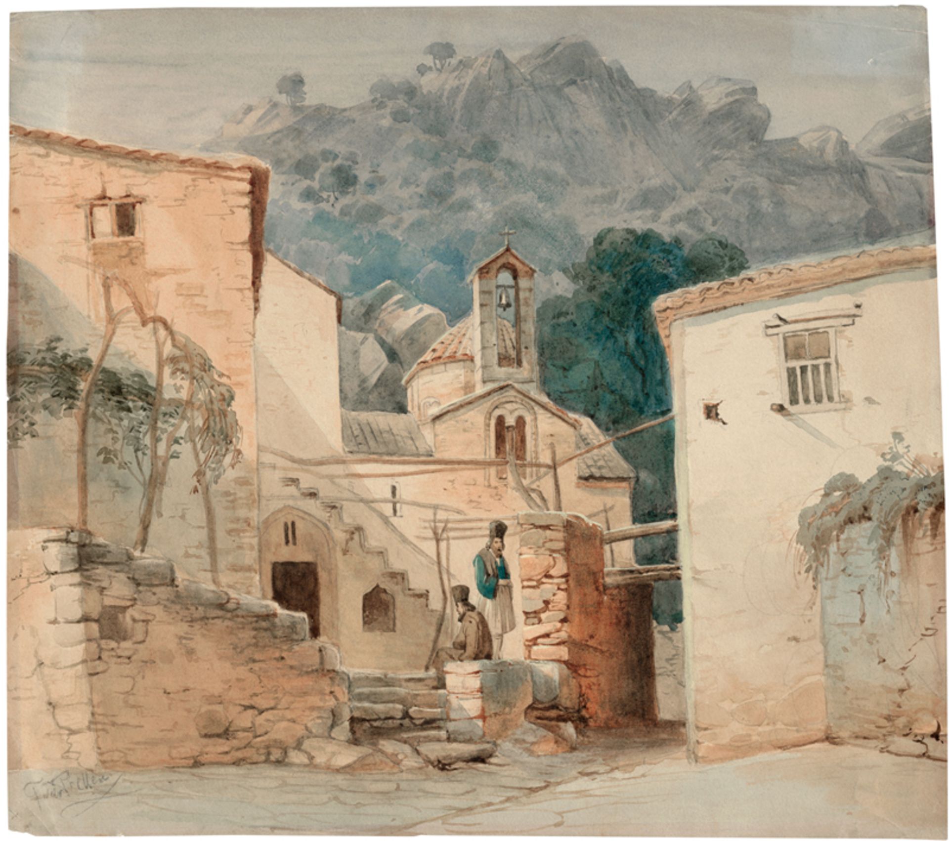 Preller d. Ä., Friedrich: Zwei orthodoxe Mönche vor einer griechischen Kirche im Gebirge