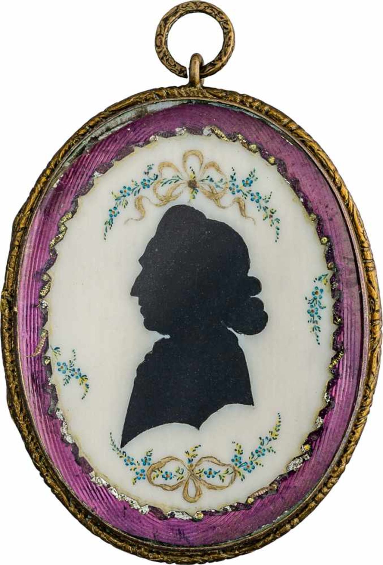 Deutsch: um 1780. Silhouette Portrait eines Mannes im Profil nach links, umrahmt von Schleifen un